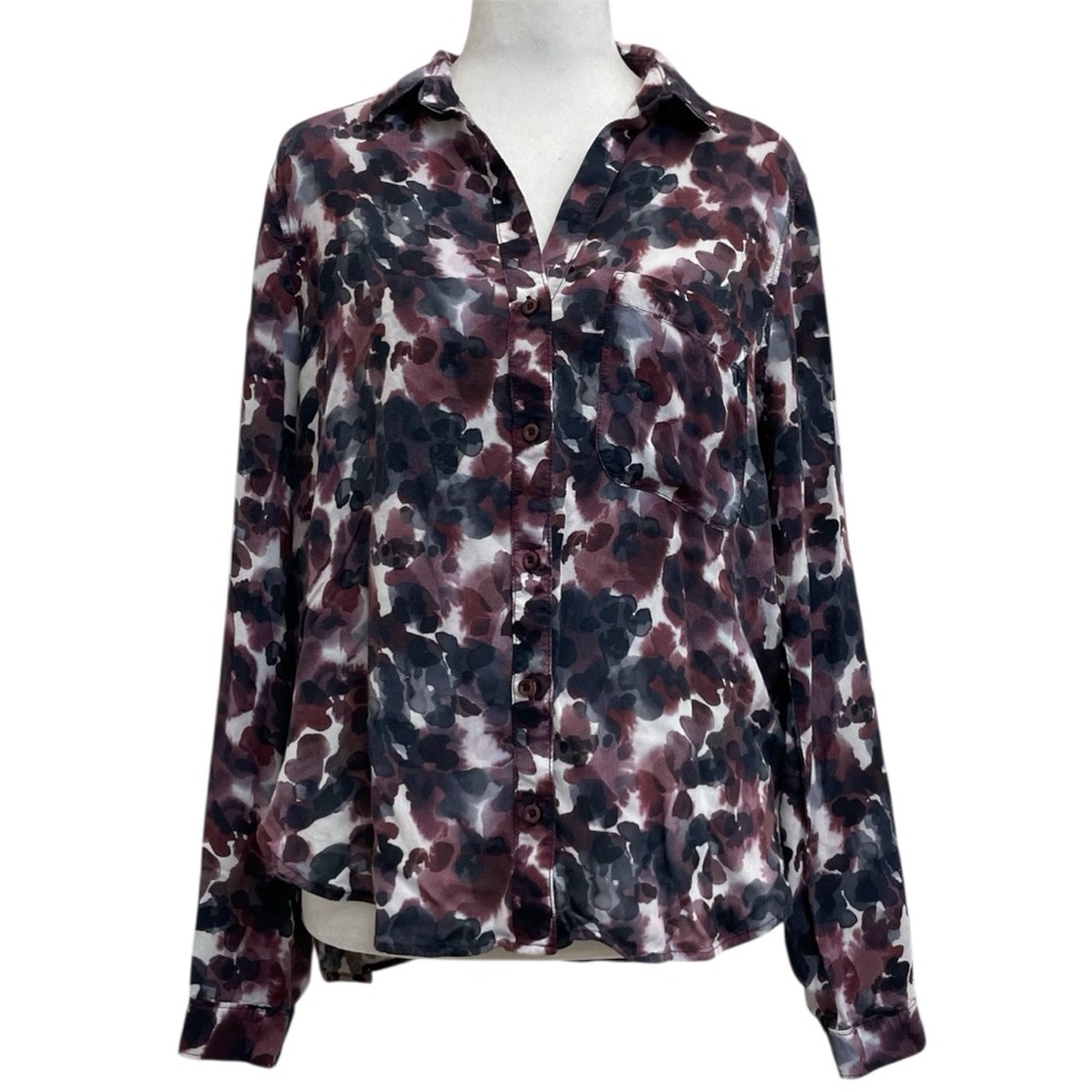 Anthro x Cloth & Stone Purple Watercolor Print Long-Sleeve Button Front Blouse